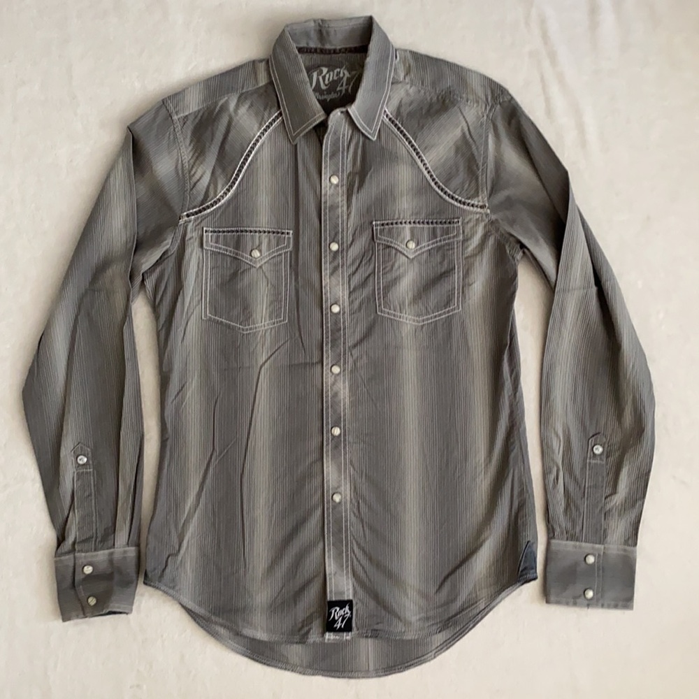 Rock 47 x Wrangler | Cotton Poplin Stripe Long Sleeve Western Pearl Snap Shirt S - Picture 16 of 16